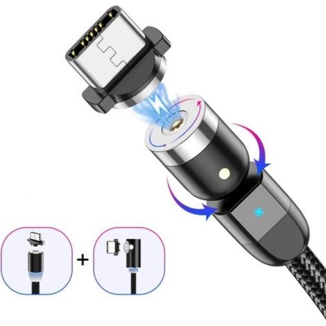 2 câbles de charge magnétique USB-C / 2 m / 60 W / 3 A / transfert de données / rotation 540° / compatible USB-C Micro USB iOS (1/5)