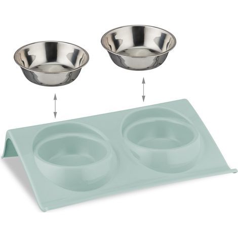 Doppelter, erhöhter Futternapf, 2er-Set – Universelle Näpfe für Katzen und Hunde. Maße (H x B x T): 37,5 x 24 x 7,5 cm. Farbe: Grün und Silber. (1/5)