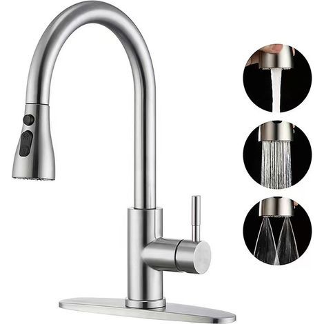 Rubinetto da cucina argentato con base singola e manopola singola, design ad arco alto e doccetta estraibile per lavello da cucina. (1/5)