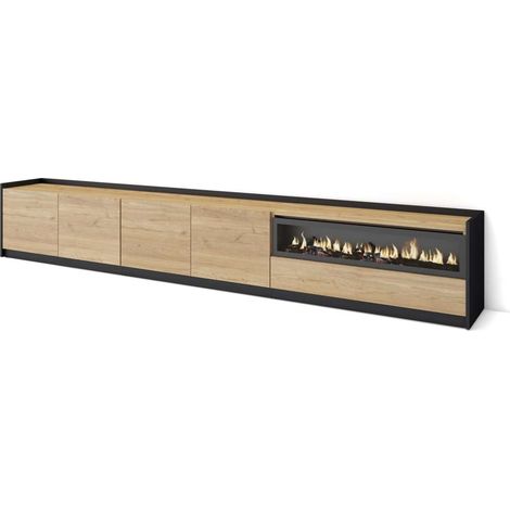 Mueble TV Estepona-02 de 310x50x37 cm con chimenea eléctrica, color roble y negro (1/4)