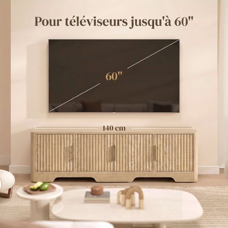 Meuble TV 140 cm, Téléviseur jusqu'à 60 Pouces, 4 Portes, Chêne (1/5)