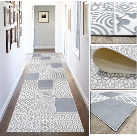 Tapis Vinyle hydraulique en carrelage pour Salon, Couleurs Gris argenté sur Fond Ivoire, pour Cuisine, Couloir, Salle de Bain ou Chambre - Moquette Vinyle (1/5)