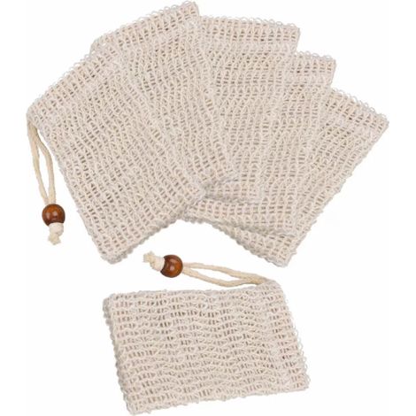 Lot de 6 pochettes à savon, cordon de serrage, sisal naturel, suspension murale, salle de bain (1/5)