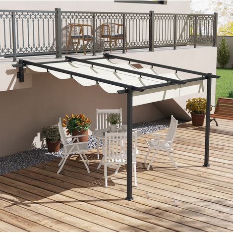Pergola murale 297 x 297 cm avec toit rétractable, évacuation d’eau intégrée, aluminium blanc crème (1/5)