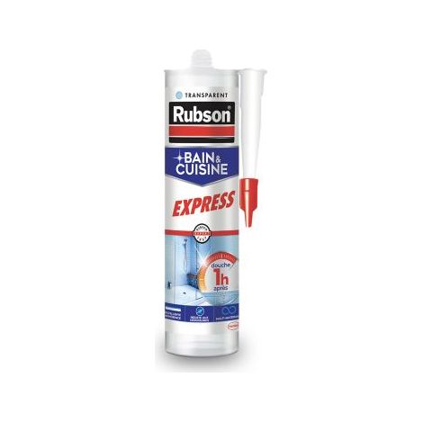 Rubson Mastic Bain & Cuisine Séchage Rapide transparent, Joint silicone longue durée résistant aux moisissures, Mastic sanitaire étanche facile d'utilisation séchage en 2h, Cartouche de 280 ml