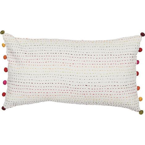Coussin Décoratif Rectangulaire Multicolore 100% Coton avec Pompons et Nouettes 30 x 50 cm - PANGIVO (1/3)