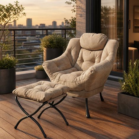 Relaxsessel mit Hocker, ergonomisches Kopfkissen, gepolsterte Armlehnen, Seitentasche, Stoff und Metall, khaki (1/5)