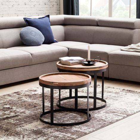 Lot de 2 tables basses rondes 53 et 48 cm en acacia massif - SINKI