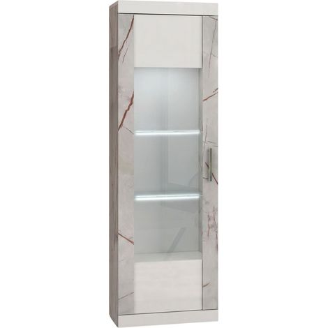 Vitrine 1 porte réversible + Led blanche et aspect marbre gris-brun - NERVY (1/4)