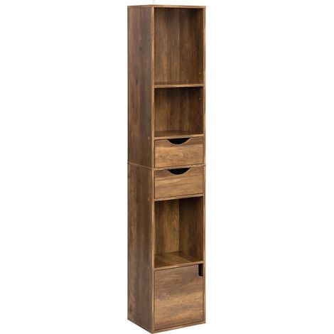 Librería estrecha de pie 157,5 cm con 3 estantes, 2 cajones y armario, marrón (1/5)