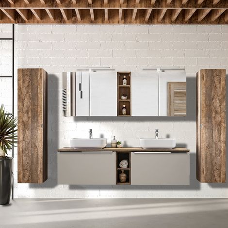 Badmöbel Set in taupe mit Vintage Eiche PUEBLA-56-TAUPE Doppel-Waschtisch mit 2 Keramik-Waschbecken, 2 LED-Spiegelschränke & 2 Hochschränke, B/H/T 270/200/46 cm (1/5)
