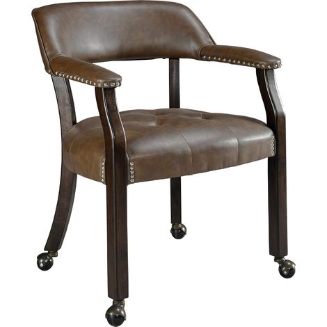 Padma House Große Esszimmerstühle mit Rädern und Armlehne, Chefsessel mit Massivholzbein, Schreibtischstühle mit Knopfpolsterung, klassischer Freizeitdrehstuhl, 80cm H, Bein braun (Braun)