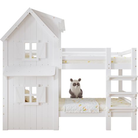 Lit superposé enfant 90x200 cm blanc avec fenêtres et toit, échelle droite 3 marches, garde-corps latéraux, sommier à lattes, pour chambre d’enfant CHICFURN (1/5)