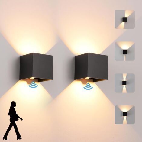 Lot de 2 Applique Murale Extérieur avec Détecteur de Mouvement,LED 6W Moderne Luminaire Murale,Éclairage Mural Etanche IP65 3000K blanc chaud, Noir (1/5)