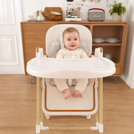 Trona infantil 2 en 1 blanca de polipropileno con función balancín, plegable, ajustable y bandeja extraíble (1/5)