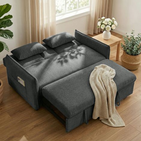 Sofá Cama 2 Plazas 3 en 1 con Mesa Auxiliar Portavasos Respaldo Ajustable Bolsillos Laterales 2 Almohadas Gris Oscuro (1/5)