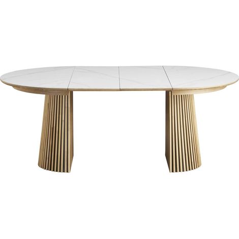 Homifab – Table à manger ronde extensible en céramique effet marbre – Piètement en bois clair – 120/200 cm – 6/8 personnes (1/5)