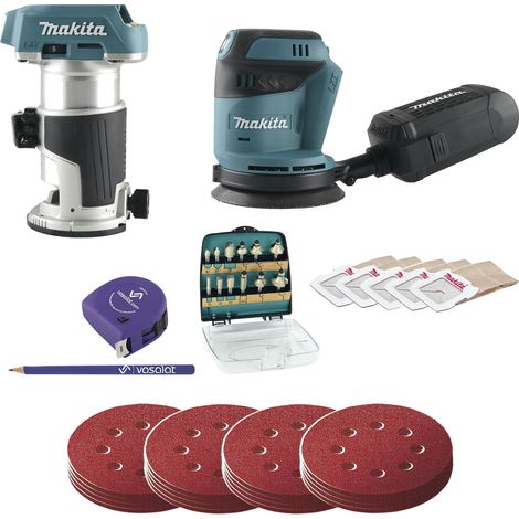 Makita Akku Exzenterschleifer 18V DBO180Z + Schleifscheiben Set 4-teilig K60/80/120/180 + Akku-Einhandfräse 18V DRT50Z, + Fräser 12-teilig (1/5)