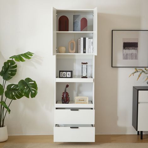 Credenza 59,5x45x200 cm in legno bianco, con contenitore per cucina e sala da pranzo FloraGrace (1/5)