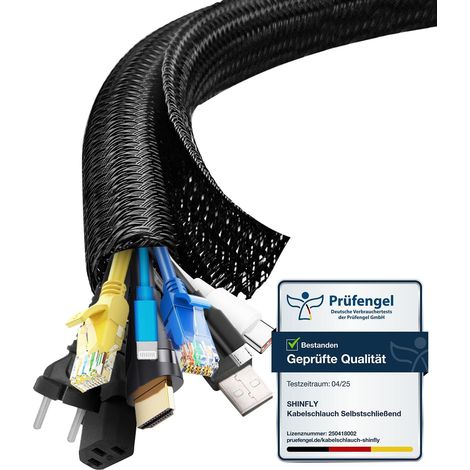 Gaine Cable Informatique 10m-19mm, Cache Câble Auto-Fermeture, Protection Cable Electrique, Range Cable, Gestion de Câble Rangement Tressée Fendue en Pet, pour TV/PC, Noir (1/5)