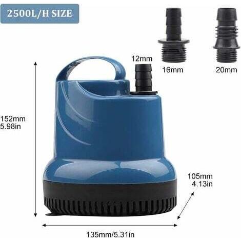 Mini pompe submersible 2500 litres/heure 40 watts – hauteur de refoulement de 2,3 mètres – longueur de câble de 2,5 mètres – convient aux aquariums, bassins et fontaines. (1/3)