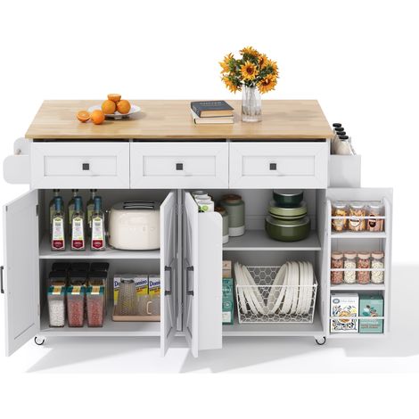 ELVMI Carrello da Cucina con 4 Ante, 3 Cassetti, Piano Ribaltabile e 5 Ruote, MDF, 140x43(70)x90.5 cm, Bianco (1/5)