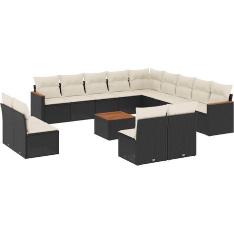 Salon de jardin avec coussins 14 pcs noir résine tressée (1/3)