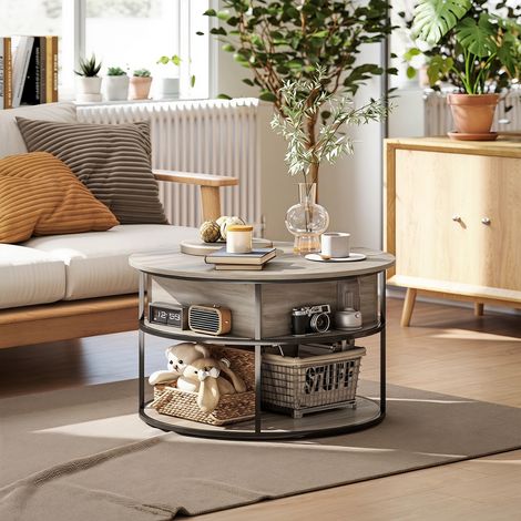 Table basse ronde avec plateau relevable, espace de rangement, étagères latérales, structure en acier, en chêne. (1/5)