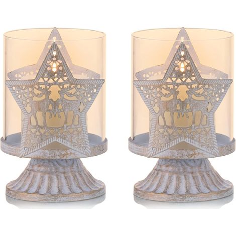Set of 2 White Metal Candlestick Holders Pillar Candle Holders(Star), Hurricane Distressed Candlestick Holders Favor Pieces for Christmas Table Mantel Fireplace Decoration, White