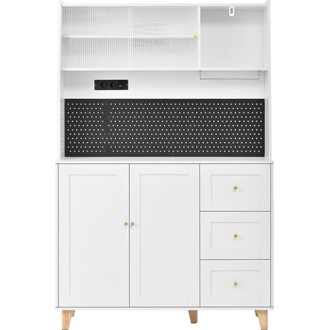 Aparador alto de cocina con enchufes, panel perforado y 3 cajones 120x40x184 cm blanco (1/5)