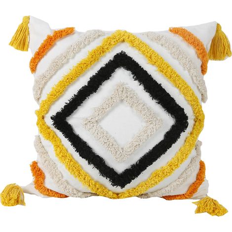 Housses de coussin 18 x 18, housses de coussin décoratives touffetées tissées avec motif de losanges à pampilles pour canapé, chambre à coucher, salon (sans oreiller, jaune) (1/4)