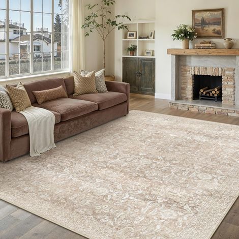 Tapis de salon, style vintage, 240 x 300 cm, beige, pour chambre à coucher, salon, lavable, grand, doux, antidérapant, pour salle à manger, bureau, poils courts (1/5)