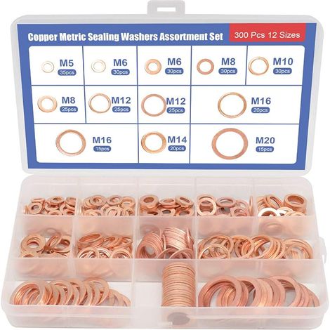 300 pièces Rondelle de Cuivre Machine à laver Kit d'assortiment Joint d'étanchéité en cuivre Joint de type O (1/5)