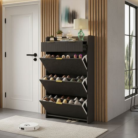 Schuhschrank 77 cm, mit 3 Holztüren, Schublade und Ablage, Goldene Griffe, Für bis zu 16 Paar Schuhe – Schwarz