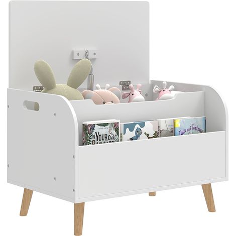 Baule portagiochi per bambini, contenitore per giocattoli, coperchio incernierato e scomparto aperto, 60x40x43 cm, bianco (1/5)