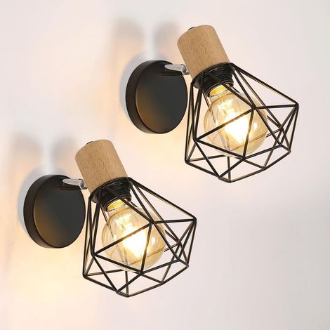Lot de 2 caissons lumineux muraux en bois, pivotants 360°, cage métal E27, chambre et salon (1/5)