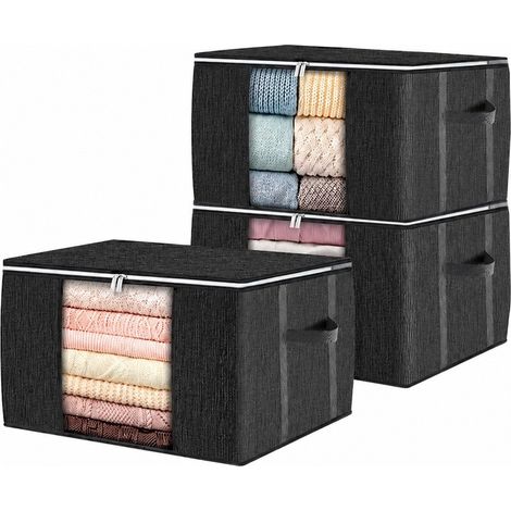 Sac de rangement pour couette, organisateur de vêtements en tissu non tissé, sac de déménagement avec poignées, noir brossé, 3 x 90 L, poignée renforcée (1/5)