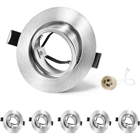 6x Spots Encastrables GU10 Cadre Nickel, Orientable 45°, Cadre Métal Ø84mm Plat, Découpe 68-75mm, Douille Céramique GU10 230V, Spot Rond Sans Ampoule (1/5)