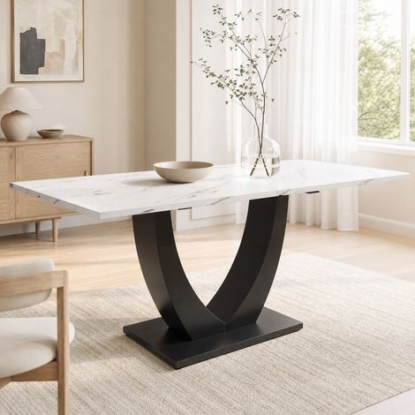 Mesa de comedor 140 x 75 cm en MDF y metal, efecto mármol blanco y negro DESVIAE (1/5)
