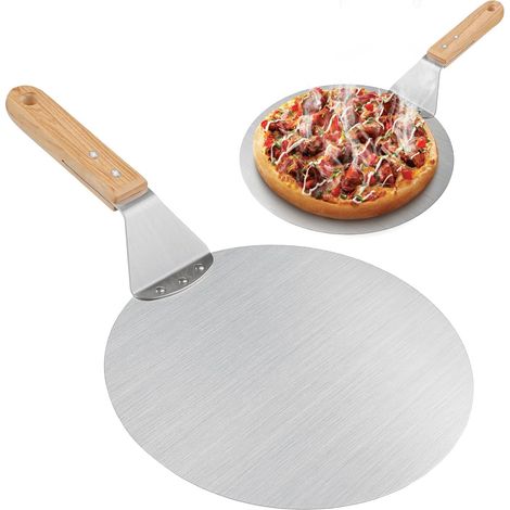 Pelle à pizza ronde en acier inoxydable avec manche en bois pour pizza, 25,5 x 25,5 cm, tarte flambée et pain