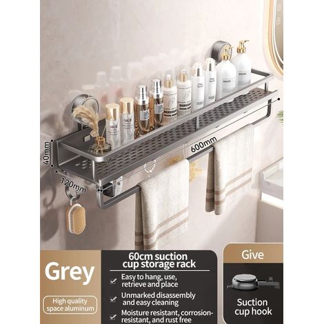 (Tige grise de 60 cm) Étagère de salle de bain à ventouses sans perçage, support mural en aluminium pour toilettes. Organisateur de salle de bain à suspendre au mur. (1/5)