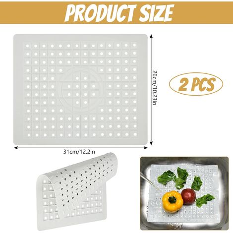 Lot de 2 tapis d'évier cuisine en caoutchouc, 31 x 26 cm, antidérapant, avec trou de drainage, blanc (1/4)