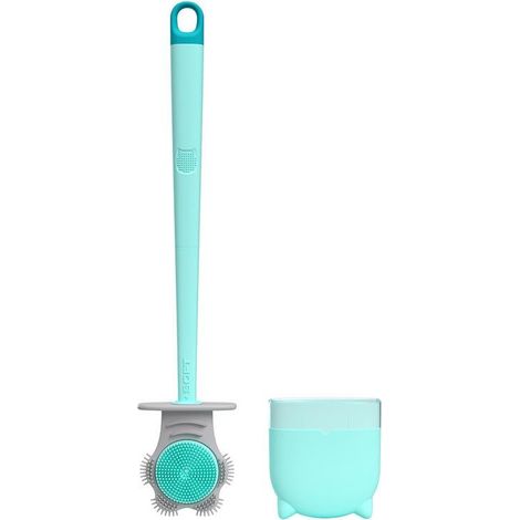Brosse de toilette bicolore en plastique double face avec manche amovible, en forme de griffe de chat, pour le nettoyage des toilettes à domicile (cyan). (1/4)