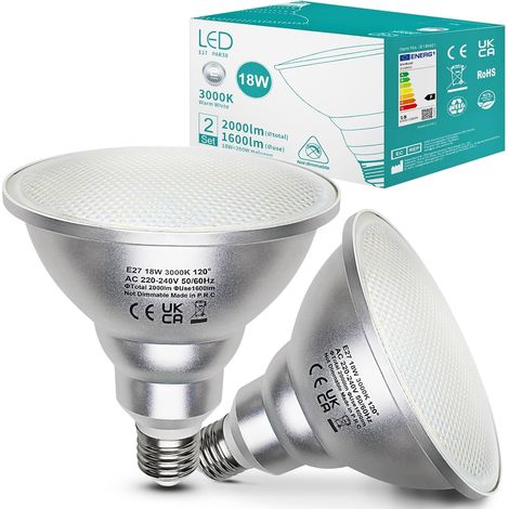 Pack of 2 18W E27 Par38 LED Bulbs Warm White 3000K Reflector Spot Flood Light Bulbs Replaces 180W Halogen Bulb, 120 Degree Beam Angle, Non-Dimmable (1/5)