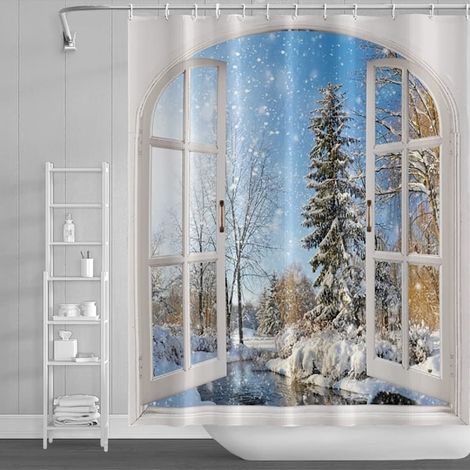 Filiyano-Rideau de douche hivernal avec neige, vue sur ciel bleu, sapin de Noël, rivière et paysage enneigé. Rideau de bain pour les fêtes, 180 cm x (1/4)