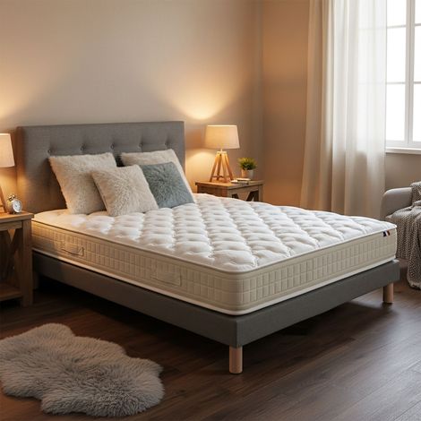 Ensemble matelas 140 x 190 100% latex 3 zones PURE avec sommier + Tête de lit gris (1/5)