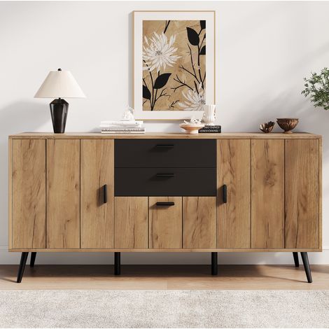 MODFU – Aparador 140x35x67 cm de MDF de alta densidad con 2 cajones, 3 puertas, 7 compartimentos, carga 40 kg y 6 patas de 15 cm – Negro y decoración madera (1/5)