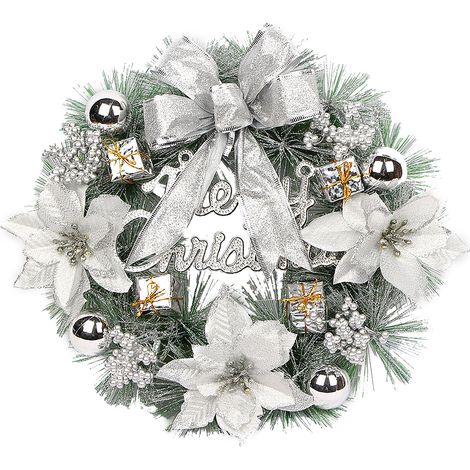 (Lot de 1) (Couronne argentée de 30 cm) Couronne de Noël décorative avec nœud, en plastique et tissu de soie. (1/2)
