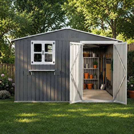 Abri de jardin extérieur 295 x 243,6 cm (7,19 m²), en acier galvanisé, avec 2 fenêtres ouvrantes, portes verrouillables et étagère à fleurs, Gris (1/5)