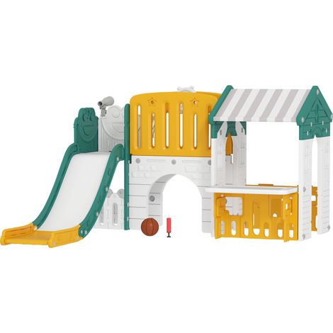 Toboggan 7 en 1 pour enfants, aire de jeux intérieure, structure de escalade, cabane, tableau noir, panier de basket, 1 à 4 ans, plastique, jaune et vert (1/5)